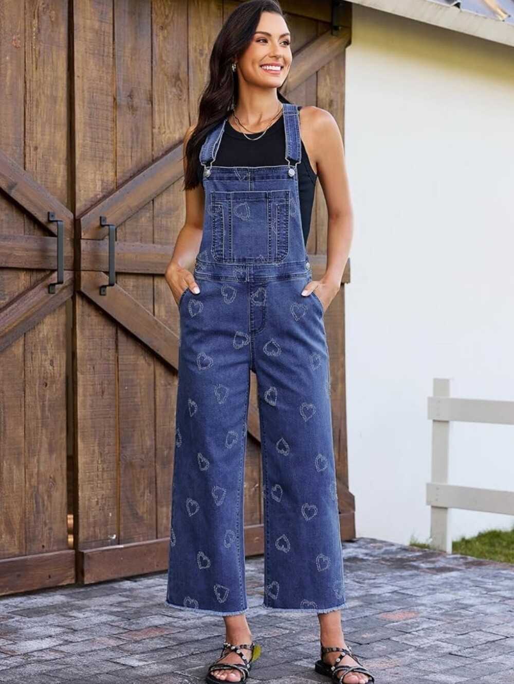 Heart-Print Wide Leg Denim Overalls W/ Adjustable Straps. NWT Multiple Sizes